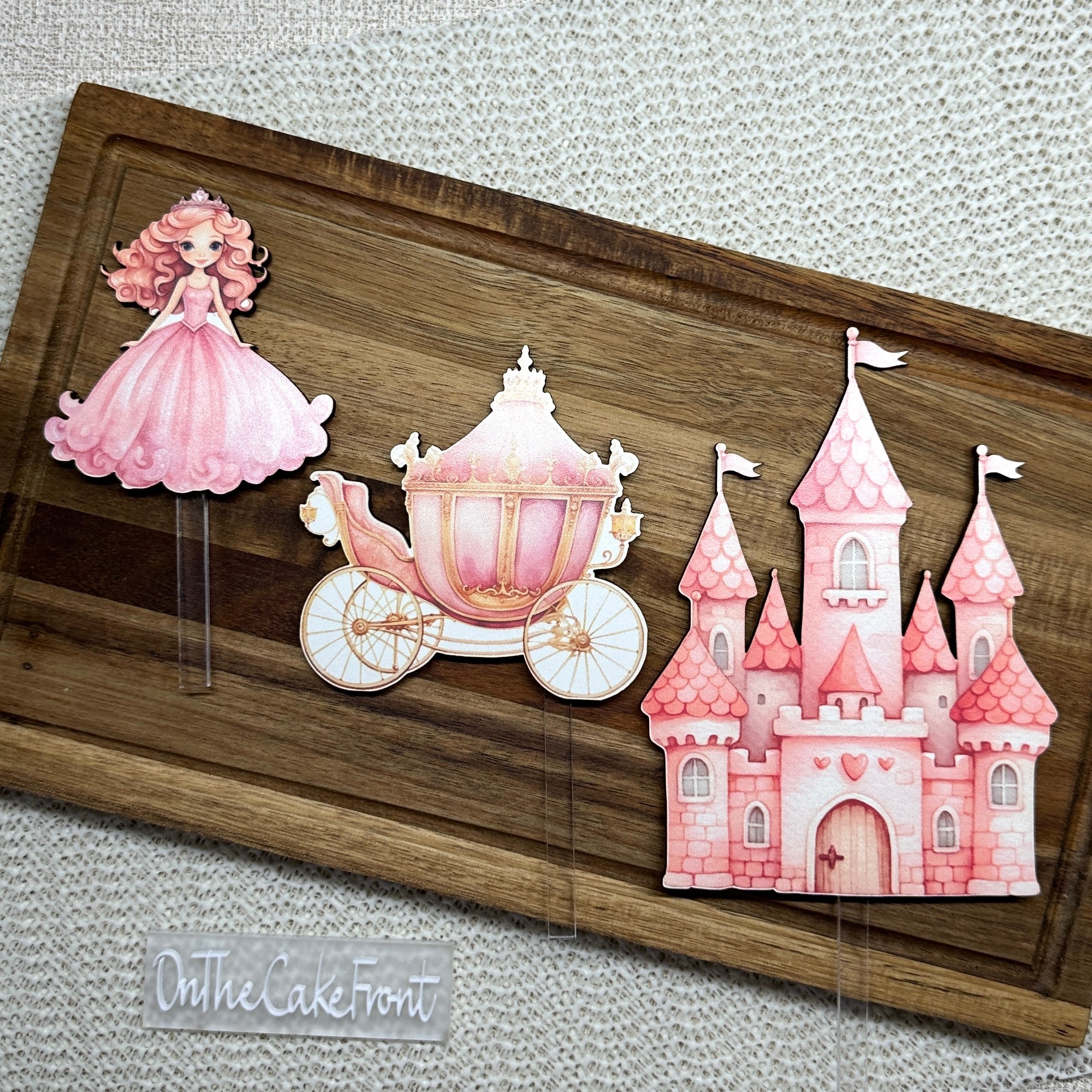 Pink Princess Castle A Carriage Watercolour Wood Cake Topper Set
